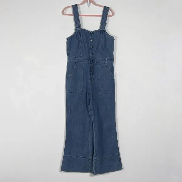 Aerie Denim Kick Flare Overalls Wide Leg Jumpsuit Womens Sz L Blue Button Front - Picture 2 of 16
